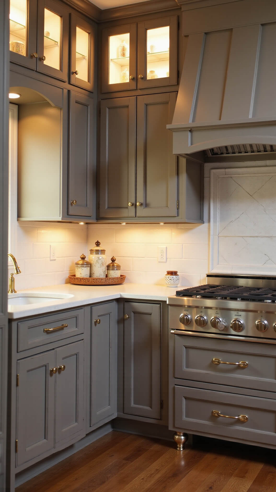 L-shaped taupe shaker kitchen with glass-front cabinets, quartz countertops, brass fixtures, and vintage decor at golden hour lighting.