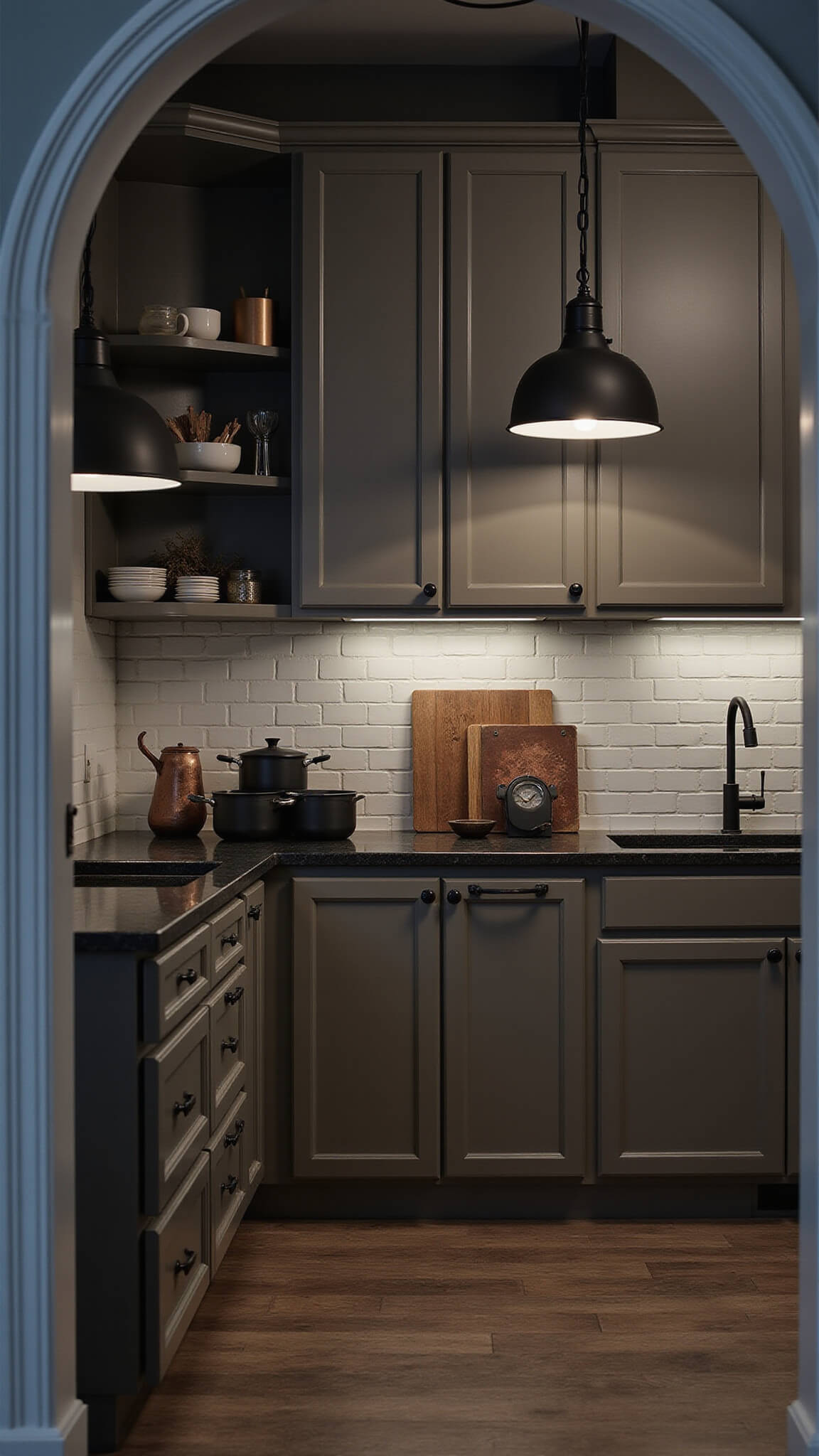 Moody evening kitchen with dark taupe cabinets, honed black granite counters, and industrial pendant lights casting shadows; wide-angle view shows textured finishes, copper accents, and culinary tools in use.