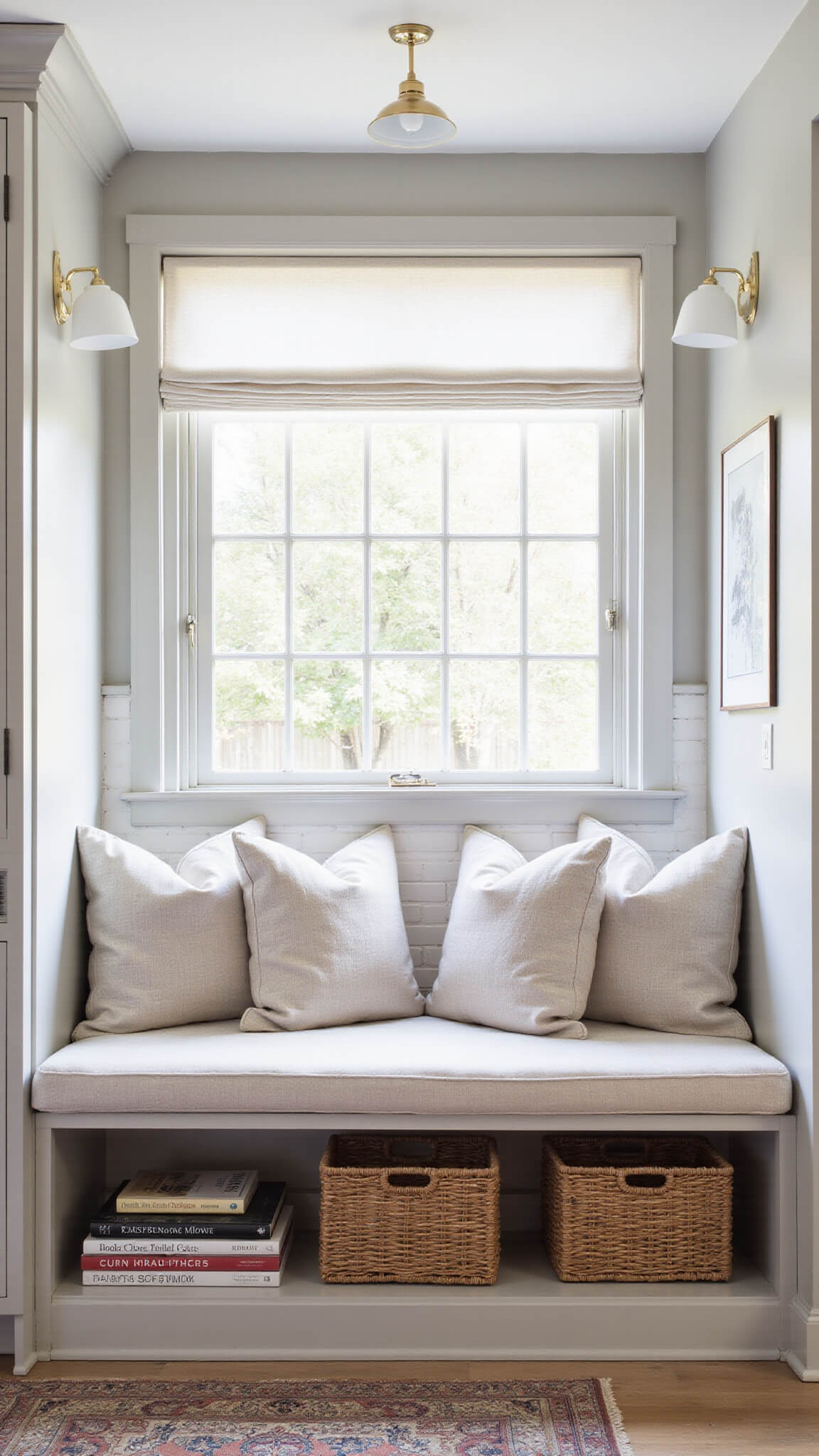 Sunlit breakfast nook with built-in window seat and storage beside 11x13ft kitchen featuring pale taupe cabinets, white subway tile, and cozy decor.