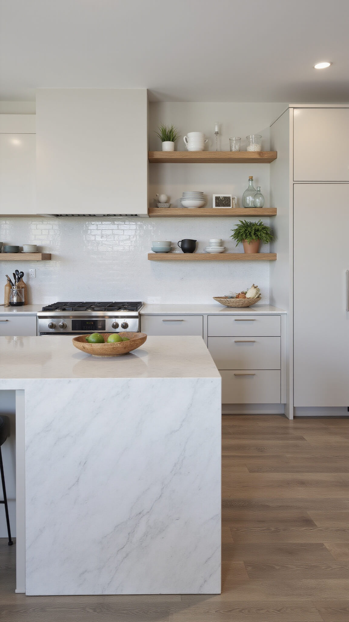 Minimalist 8x14ft galley kitchen with greige cabinets, floating shelves, quartzite waterfall peninsula, and directional lighting highlighting clean lines and curated decor.