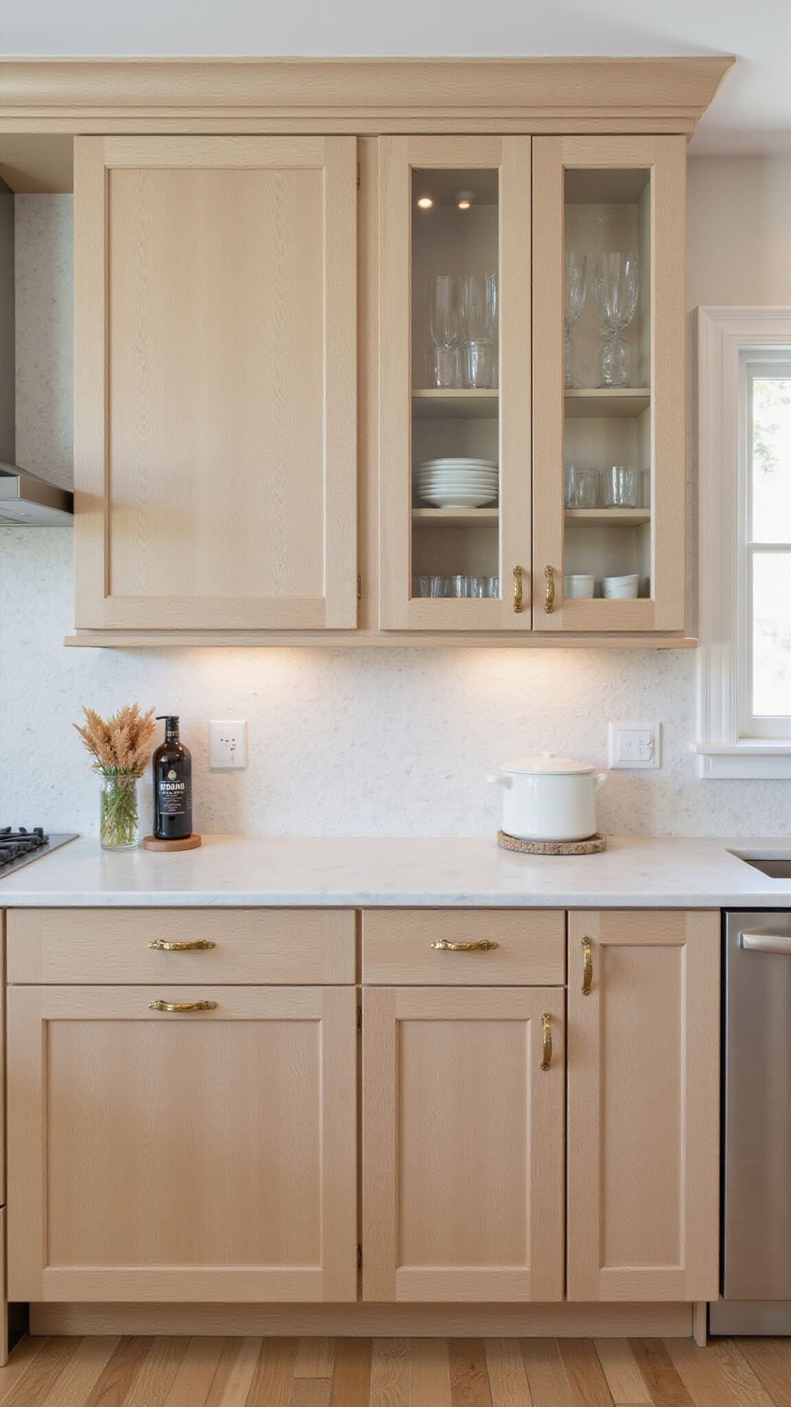 Transitional 12x14ft kitchen with pale oak cabinets, reeded glass inserts, brass hardware, marble mosaic backsplash, and layered cream, brass, and wood-toned accessories in soft afternoon light.