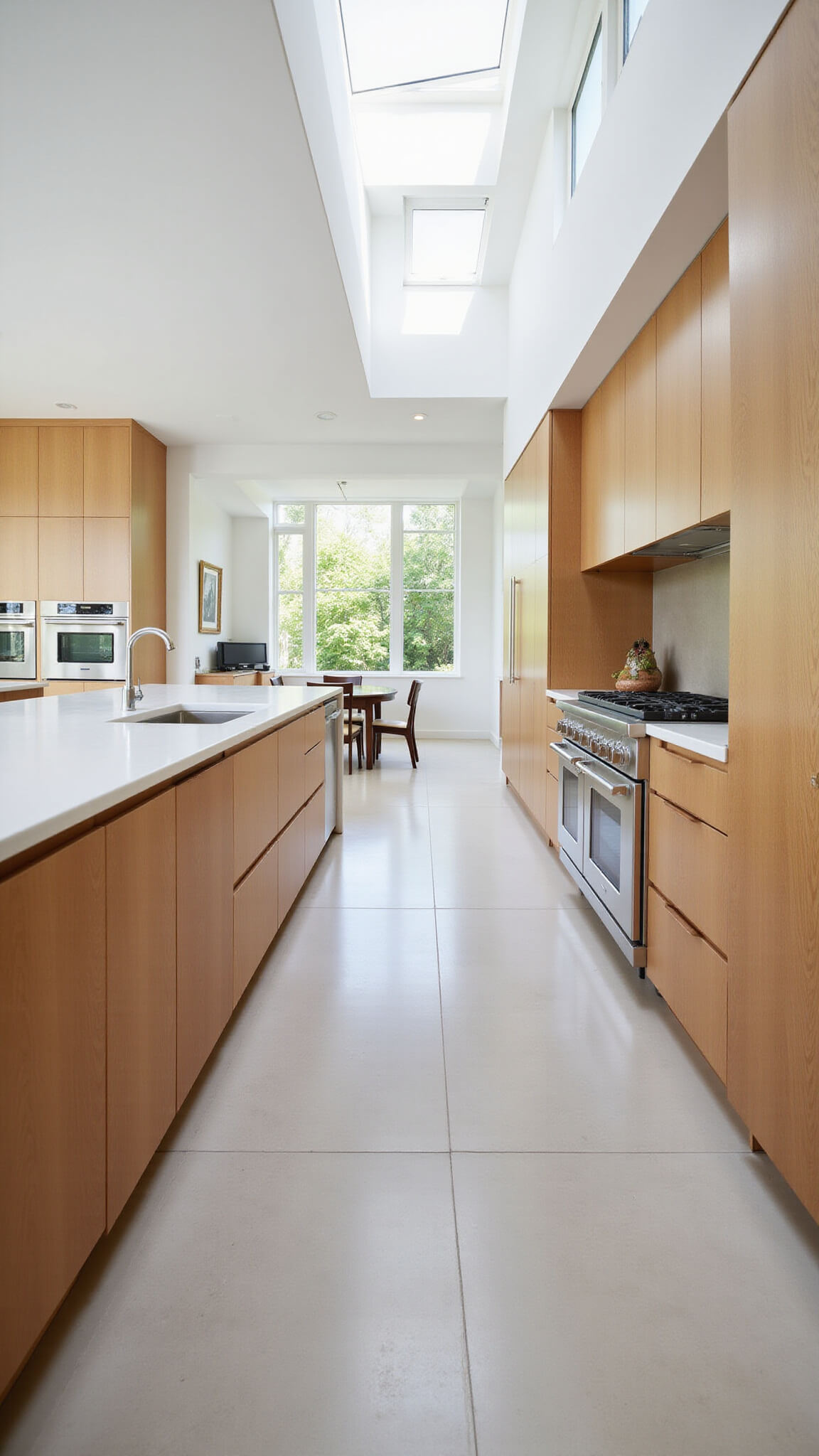 Expansive contemporary kitchen with natural maple cabinets, white quartz waterfall island, and integrated appliances under soft afternoon light.