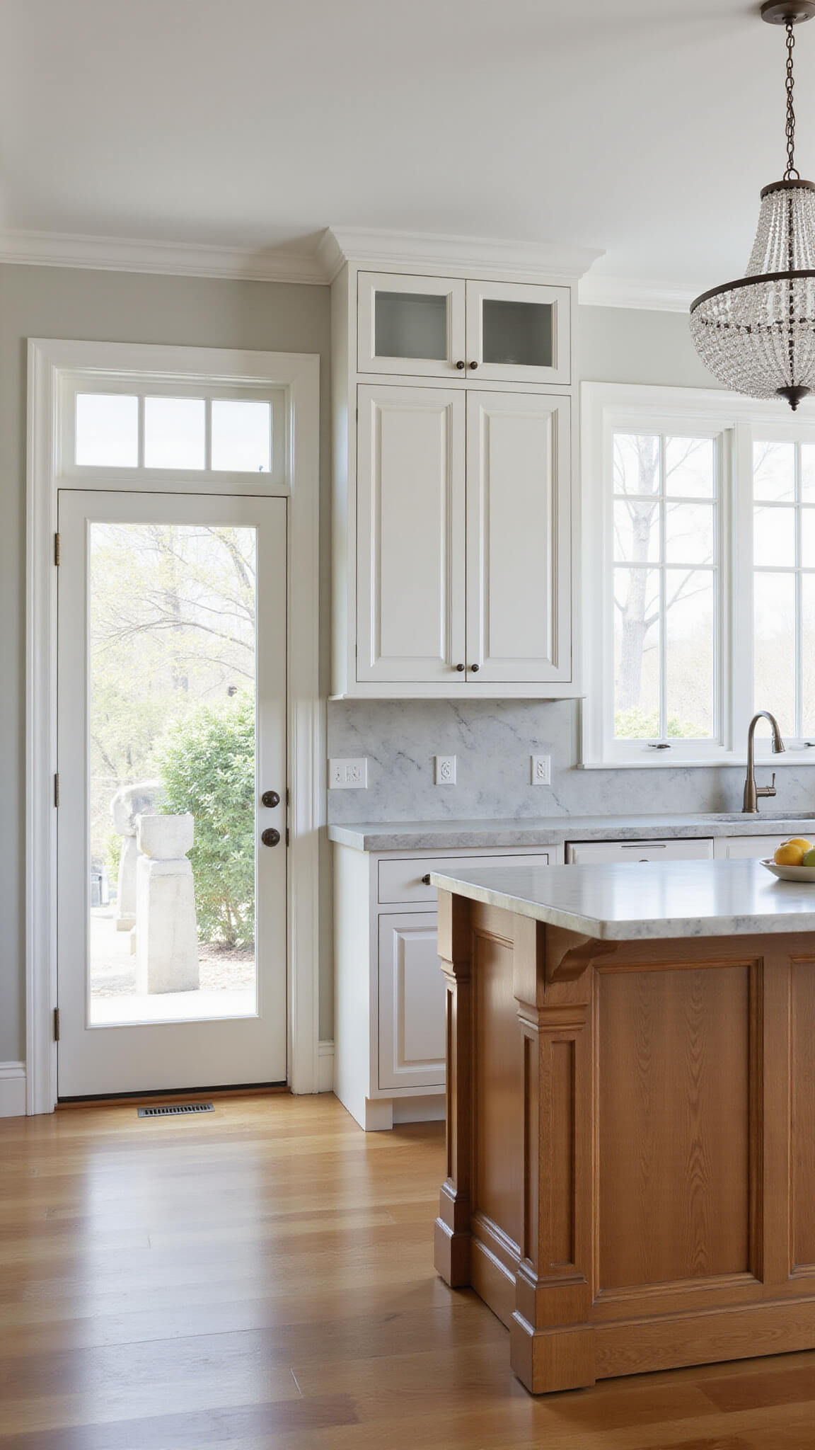 Bright transitional kitchen with white cabinets, natural alder island, marble surfaces, and crystal chandelier, bathed in morning light from French doors.