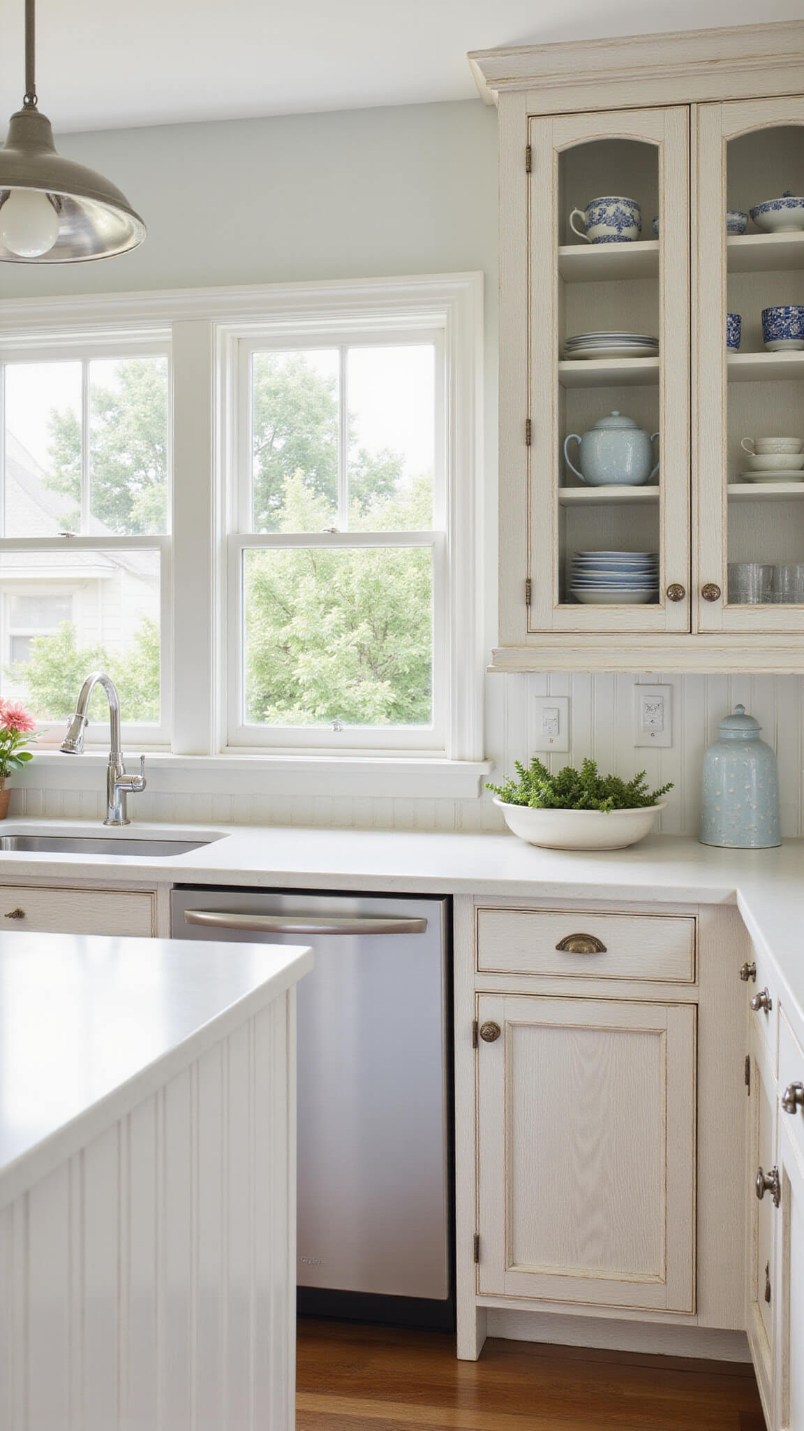 Coastal cottage kitchen with whitewashed wood cabinets, glass-front uppers displaying blue and white ceramics, beadboard details, shell hardware, and soft afternoon light through shuttered windows.