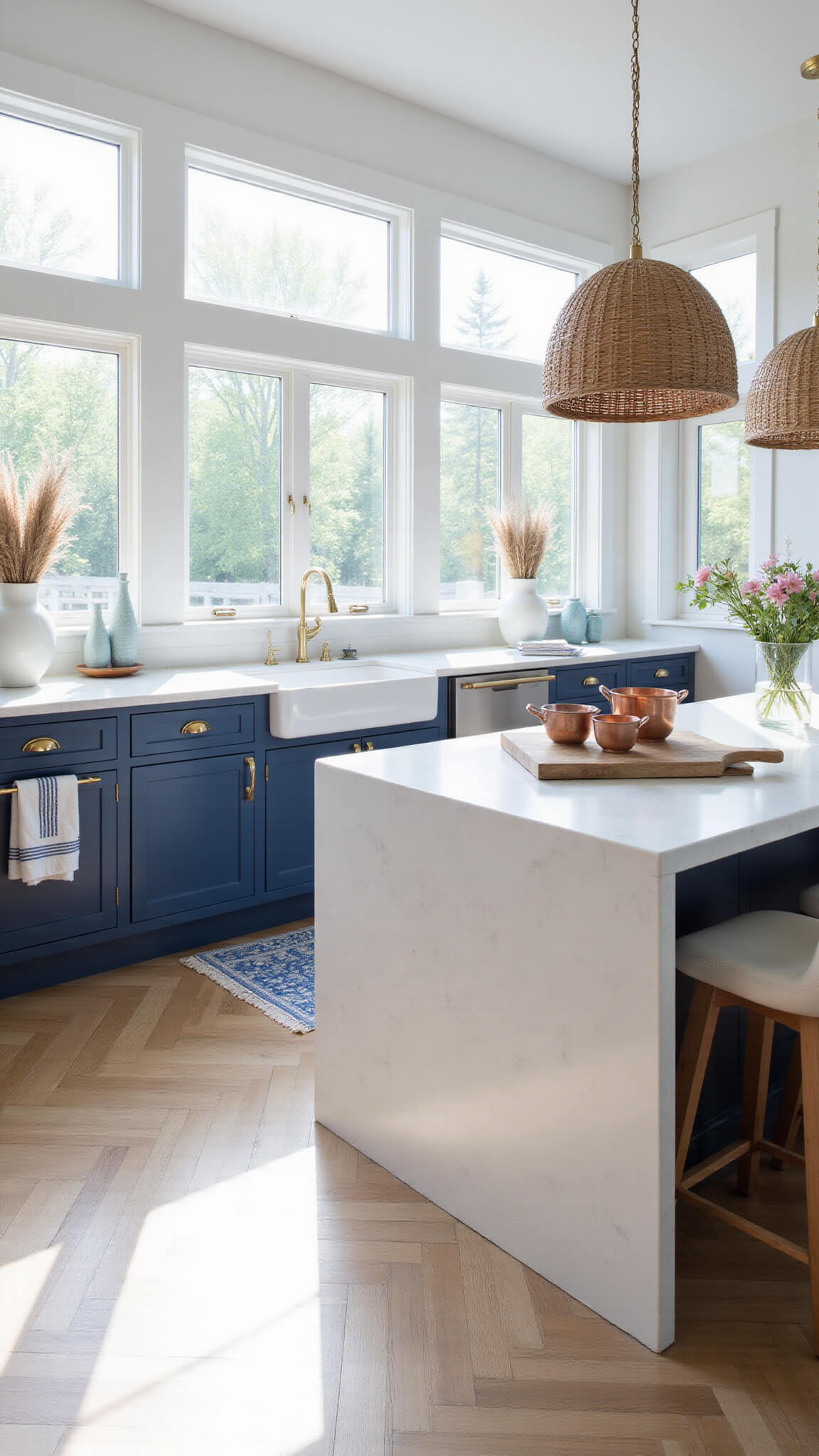 Modern coastal kitchen with navy shaker cabinets, white quartz waterfall island, brass hardware, rattan pendants, and pale oak herringbone floors in sunlit space.