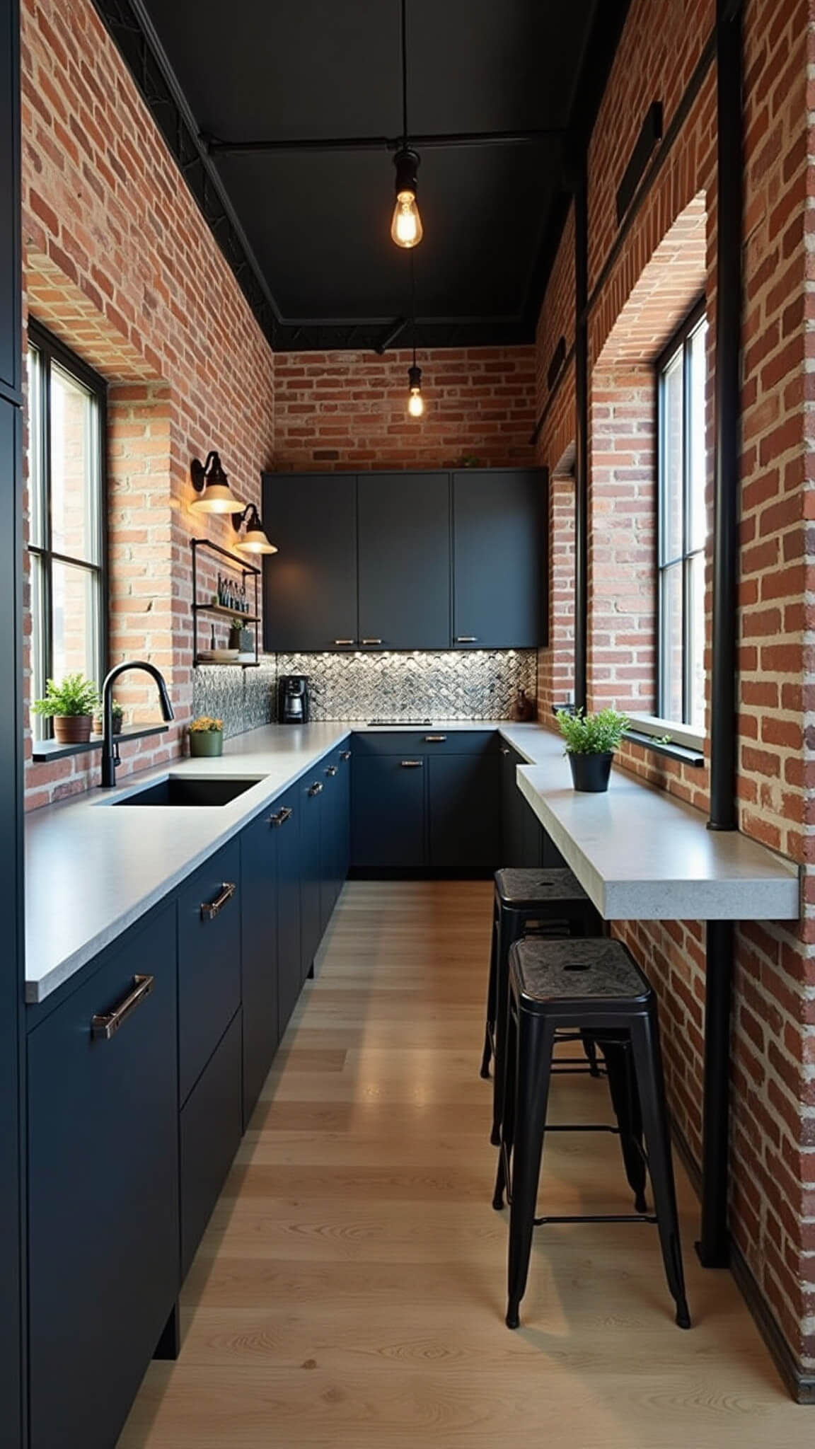 Industrial chic galley kitchen with matte navy cabinets, exposed brick wall, concrete countertops, and metallic backsplash under moody lighting.