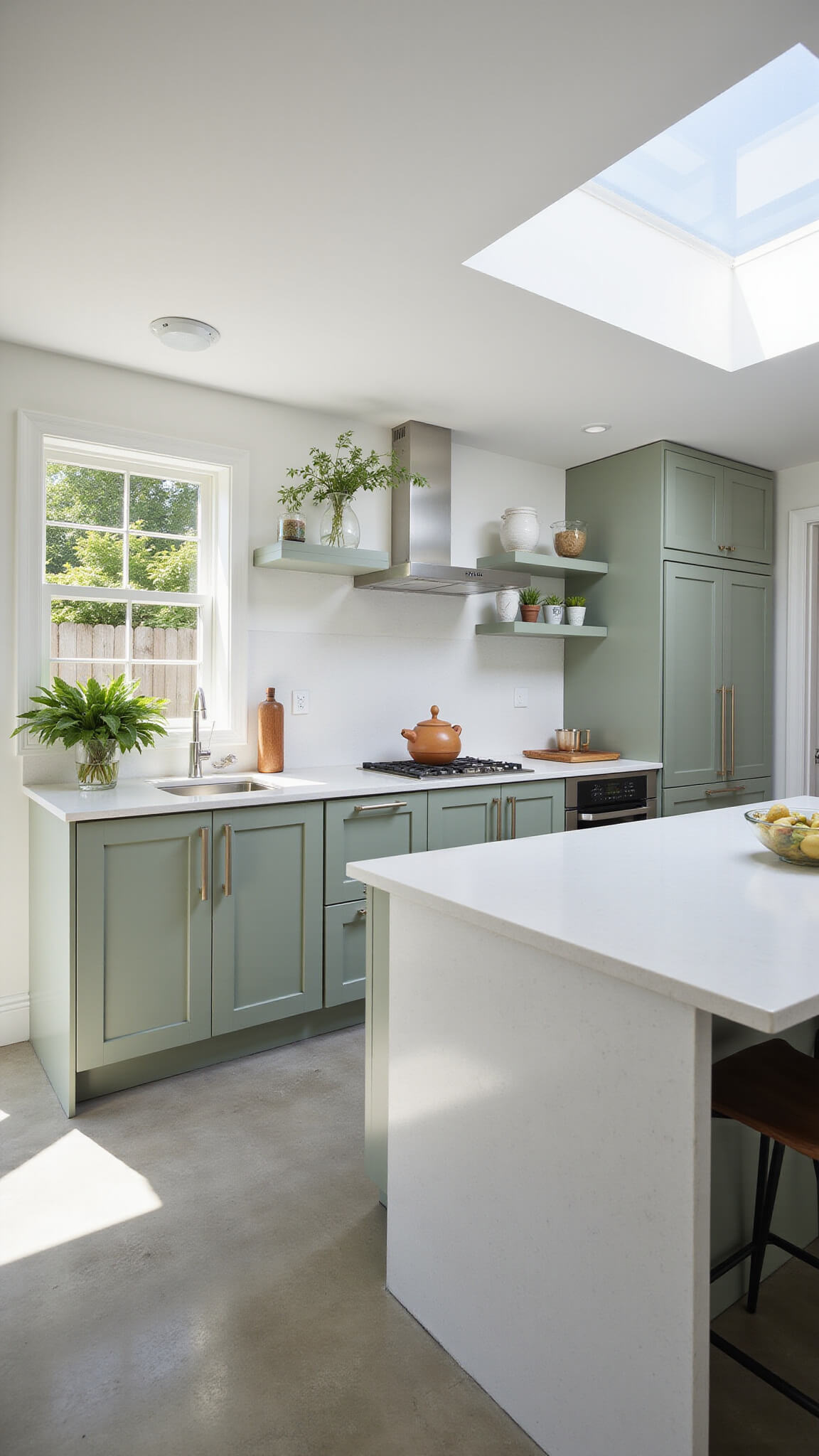 Contemporary 14x16ft kitchen with sage green cabinets, white floating shelves, quartz waterfall island, and natural skylight illumination.