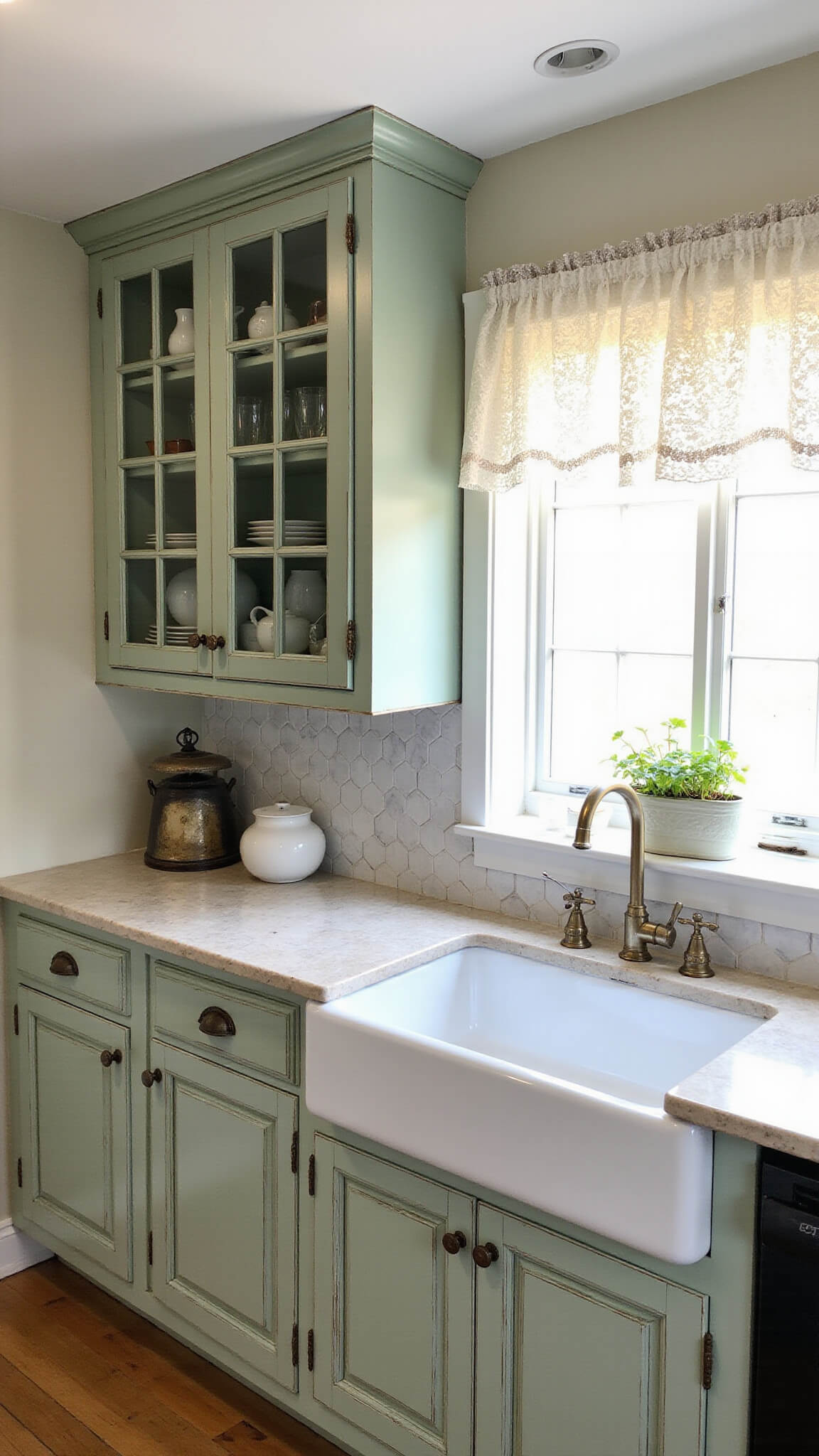 Cozy 10x12ft cottage kitchen with distressed sage green glass-front cabinets, marble hex tile backsplash, farmhouse sink, vintage kitchenware, and soft morning light through lace curtains.