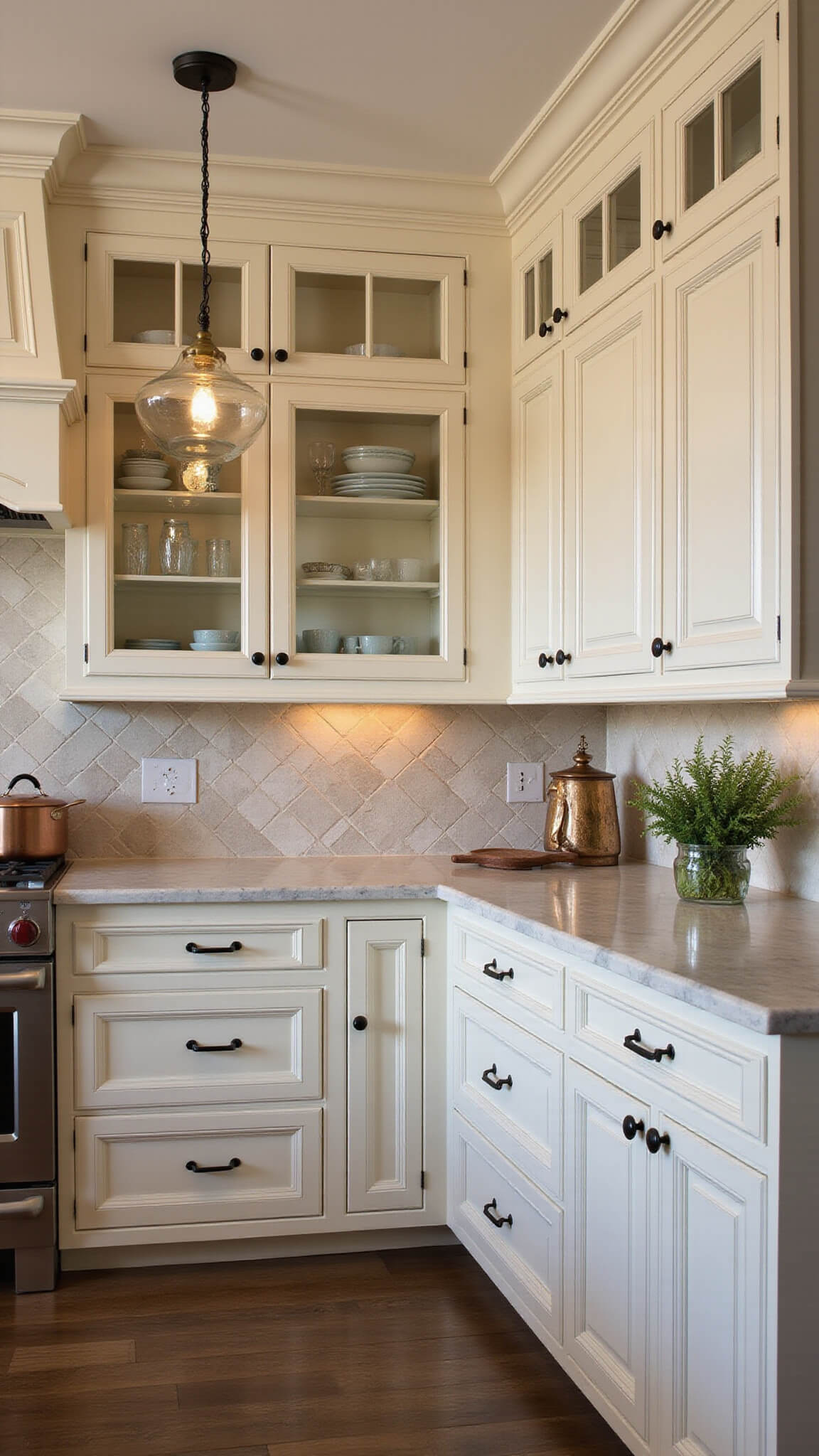 Elegant L-shaped kitchen with cream cabinets, black hardware, quartzite waterfall island, brass pendants, and herringbone backsplash, backlit at golden hour.
