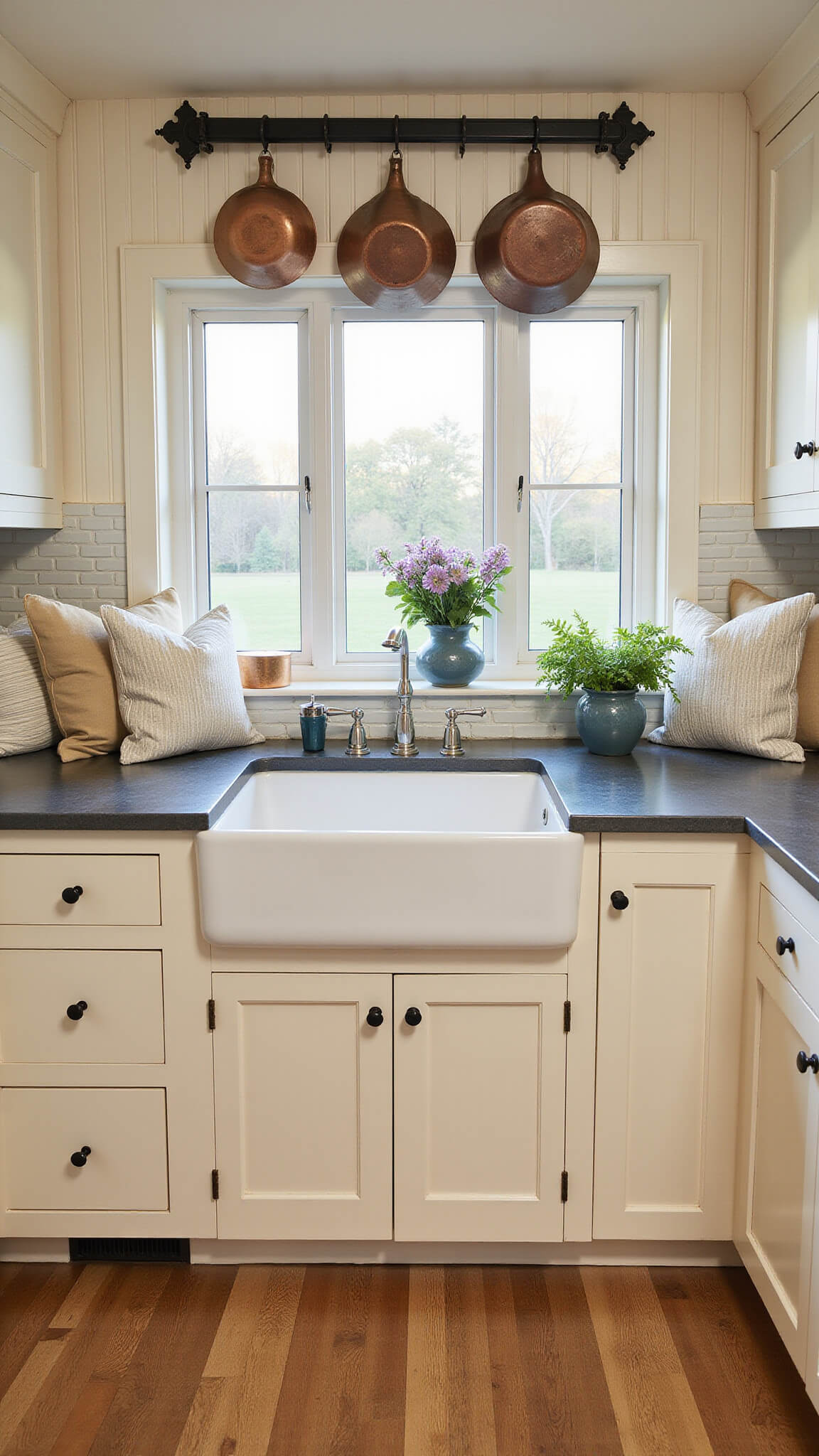 Cozy cottage kitchen at dusk with cream beadboard cabinets, soapstone counters, farmhouse sink, copper pots, and window seat with striped pillows.
