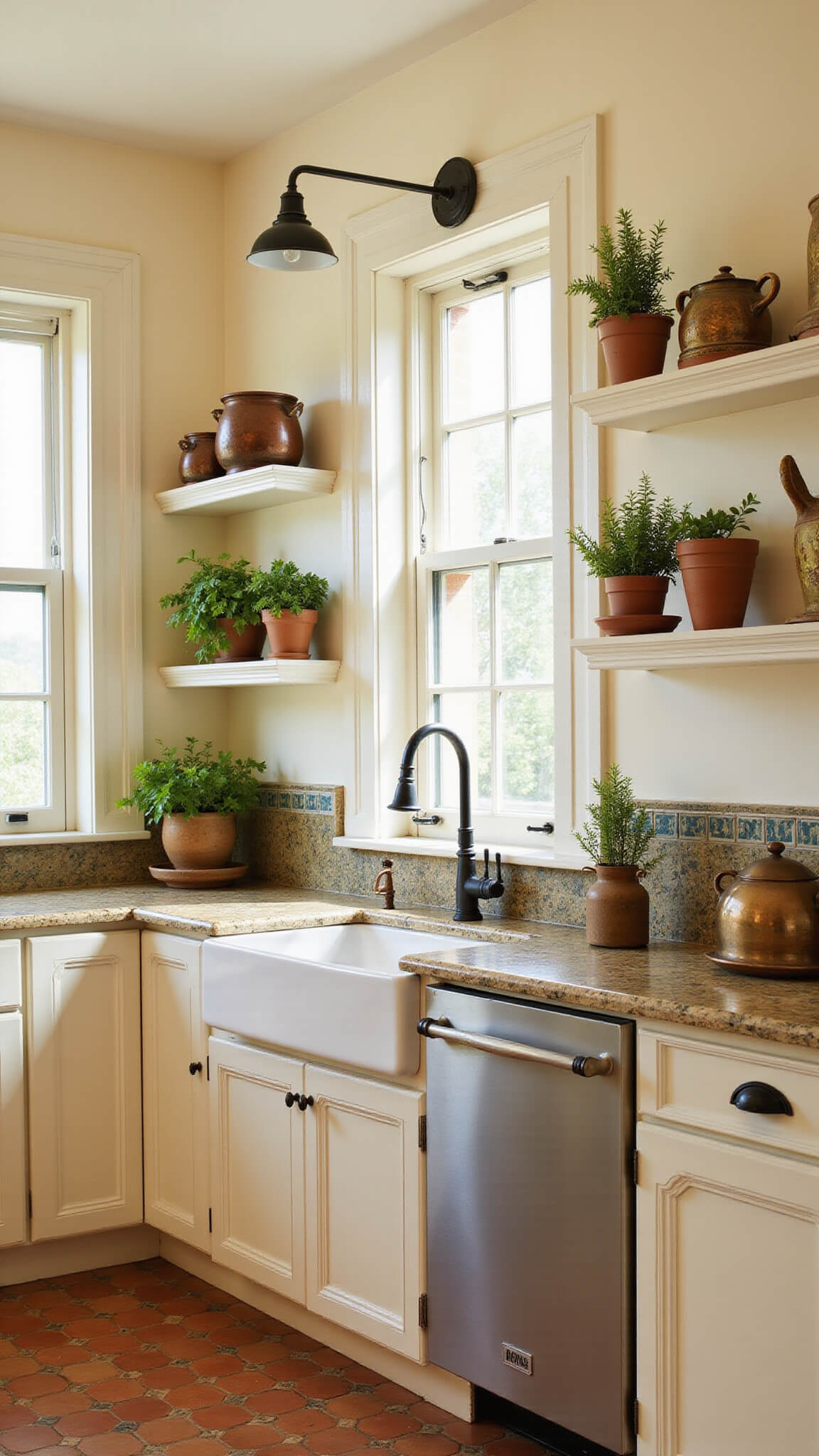 Mediterranean-style kitchen with cream arch-top cabinets, terra cotta floors, hand-painted tiles, and copper cookware on open shelves in warm afternoon light.