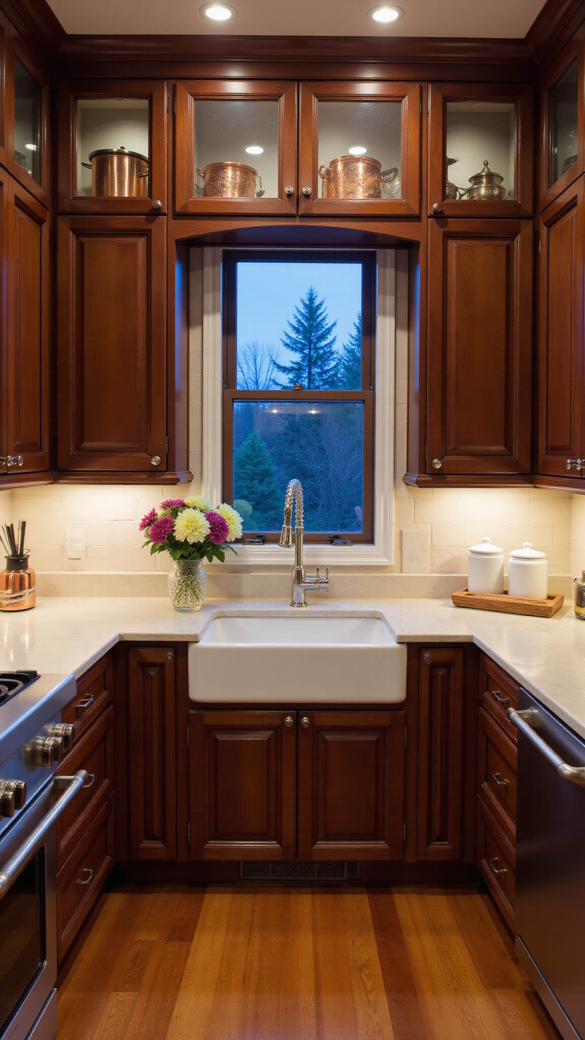 Intimate galley kitchen at blue hour with cherry wood cabinets, glass-front uppers, under-cabinet LED lighting, farmhouse sink beneath window, marble backsplash, and copper cookware displayed.