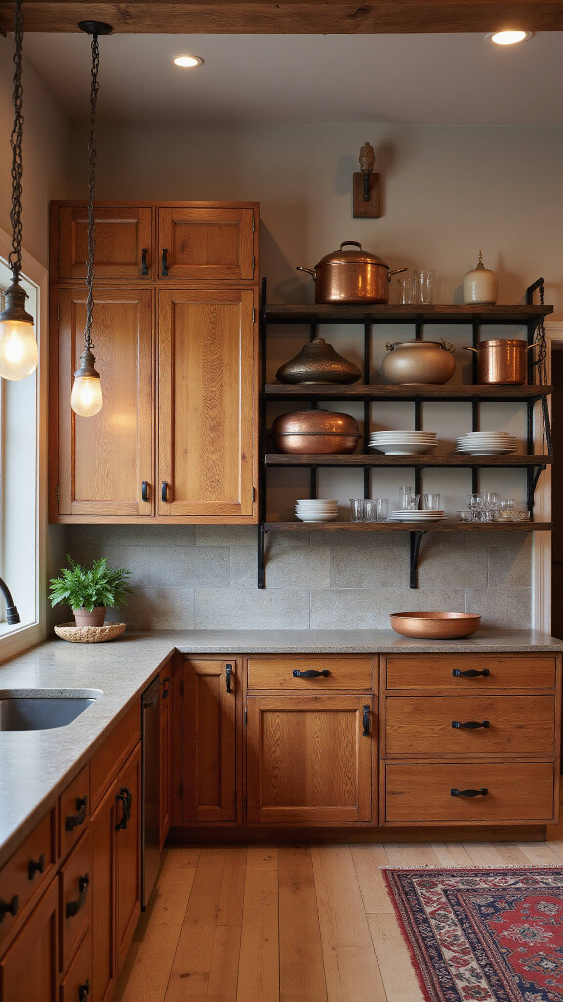 Rustic-modern kitchen at dusk with reclaimed hickory cabinets, vintage pendant lights, stone countertops, black steel shelving, copper pots, earthenware, and vintage rug.
