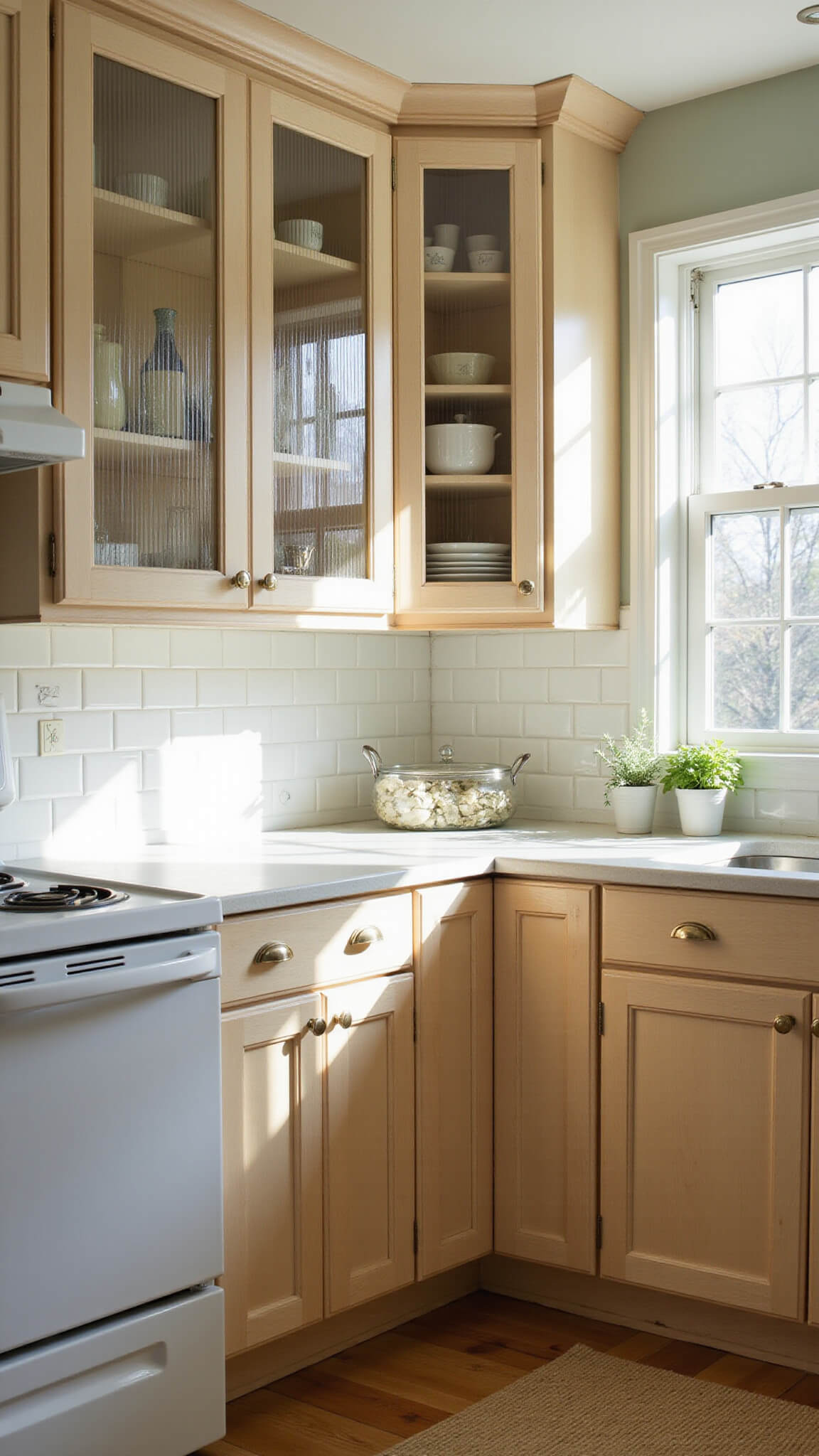 Sunlit corner kitchen with bleached maple cabinets, fluted glass doors, white subway tile backsplash, and natural accents like potted herbs and a fiber runner.