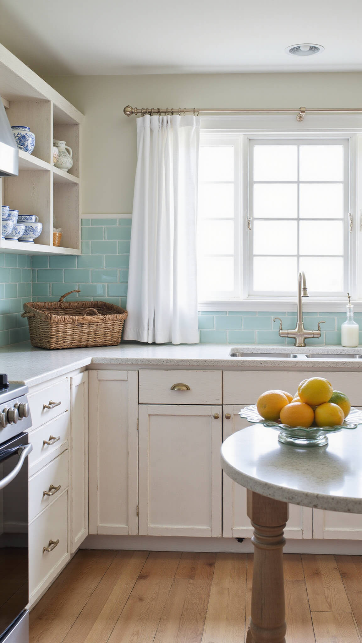Coastal-inspired kitchen with whitewashed oak cabinets, sea glass tile backsplash, sheer beach-facing curtains, and nautical decor in morning light.