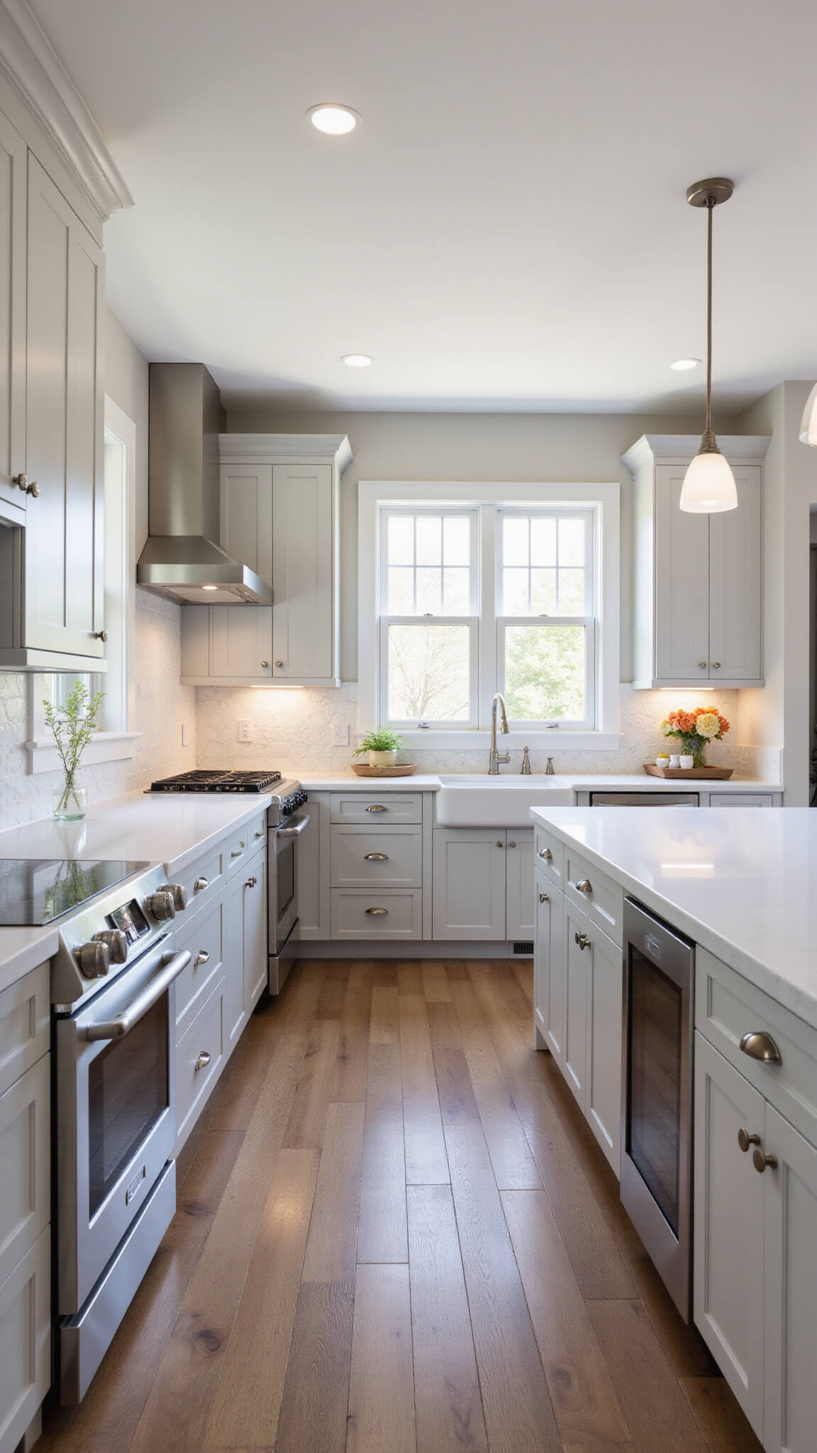 Bright 12x15ft kitchen with light grey shaker cabinets, white quartz countertops, waterfall island, stainless steel appliances, and morning sunlight filtering through east-facing windows.