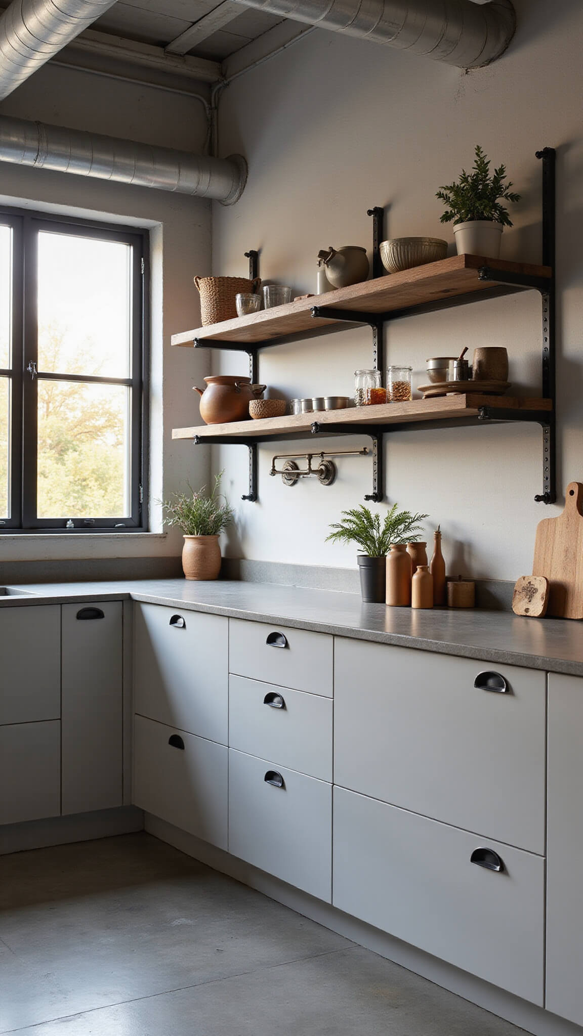 Industrial-modern kitchen with high ceilings, exposed ductwork, matte grey cabinets, concrete countertops, and black metal shelving, viewed upward at angle in golden hour light.