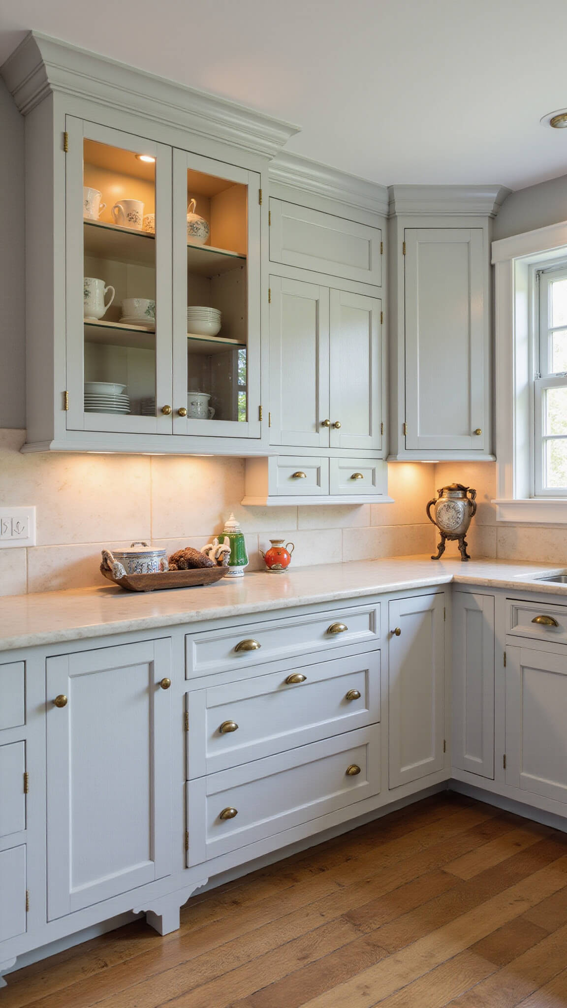Cozy 8x14ft galley kitchen with light grey raised-panel cabinets, cream marble countertops, brass hardware, glass-front uppers, and soft morning light highlighting textures.