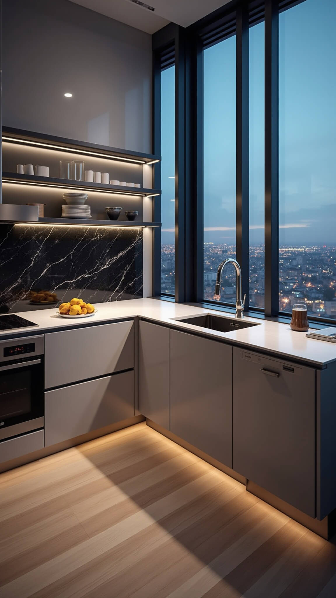 Modern luxury kitchen with glossy light grey cabinets reflecting city lights, black marble surfaces, LED-lit shelves, and cityscape seen through floor-to-ceiling windows at blue hour.