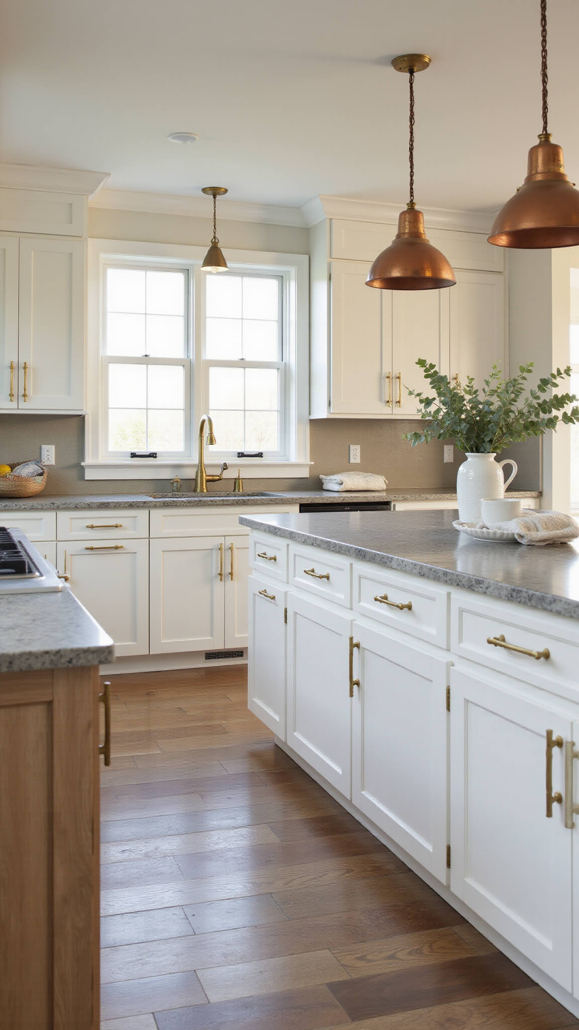 Bright kitchen with off-white Shaker cabinets, quartzite countertops, and central island, lit by golden hour sunlight through large windows.