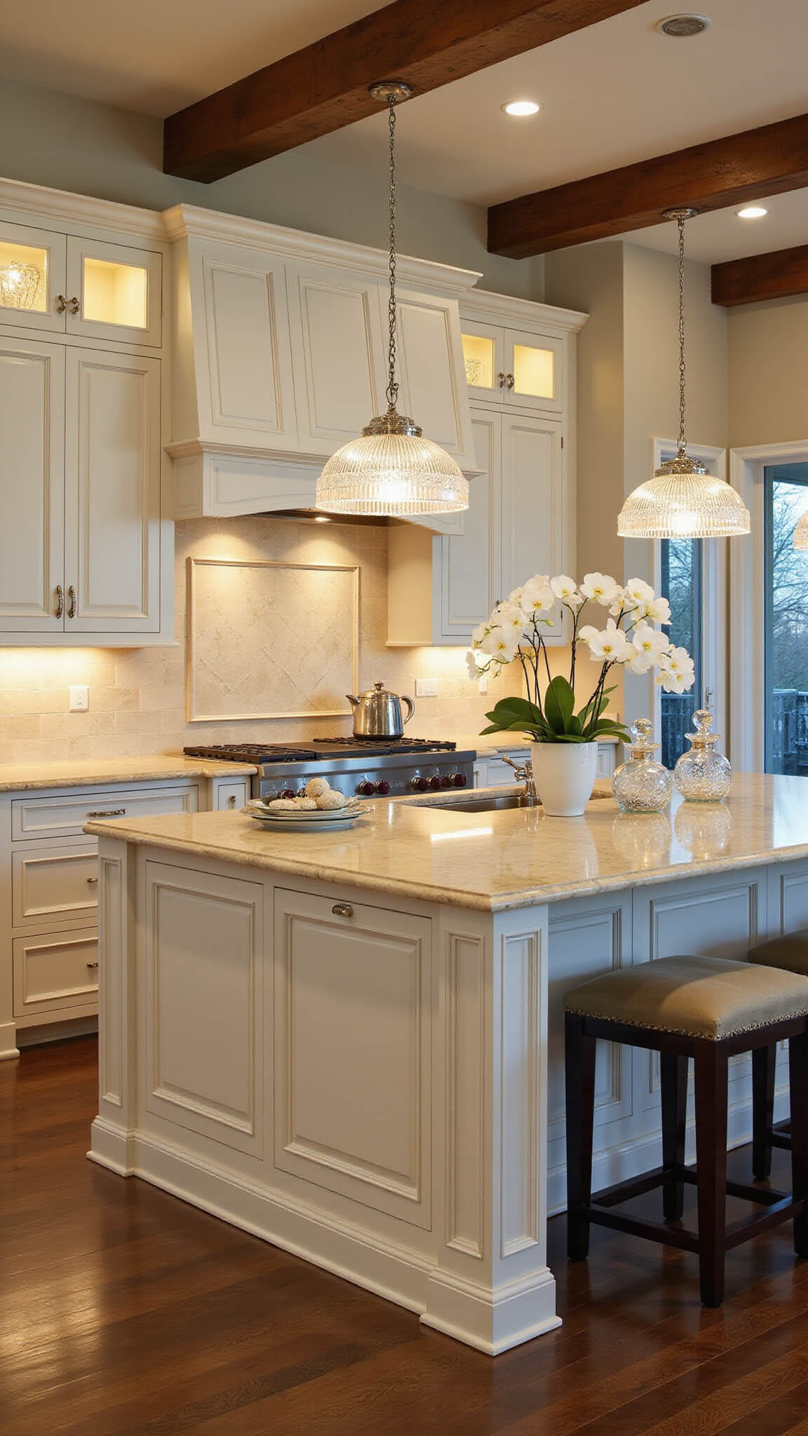 Transitional kitchen at dusk with ambient cabinet lighting, exposed beam tray ceiling, off-white inset cabinets, Calacatta gold marble surfaces, and elegant silver and crystal decor.
