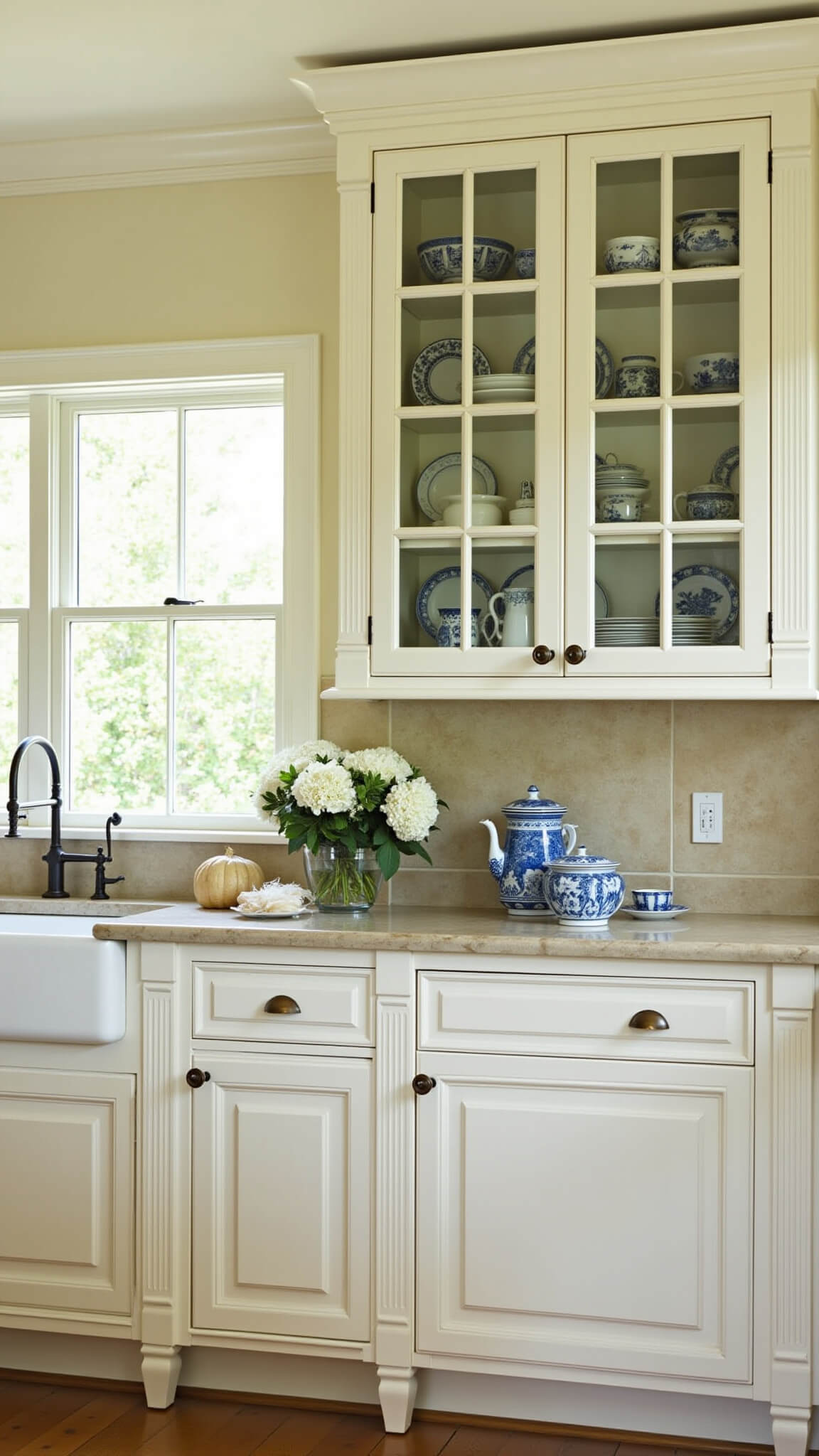 Sunlit traditional kitchen with off-white cabinets, champagne bronze hardware, and cream limestone counters, featuring blue and white decor and fresh flowers.