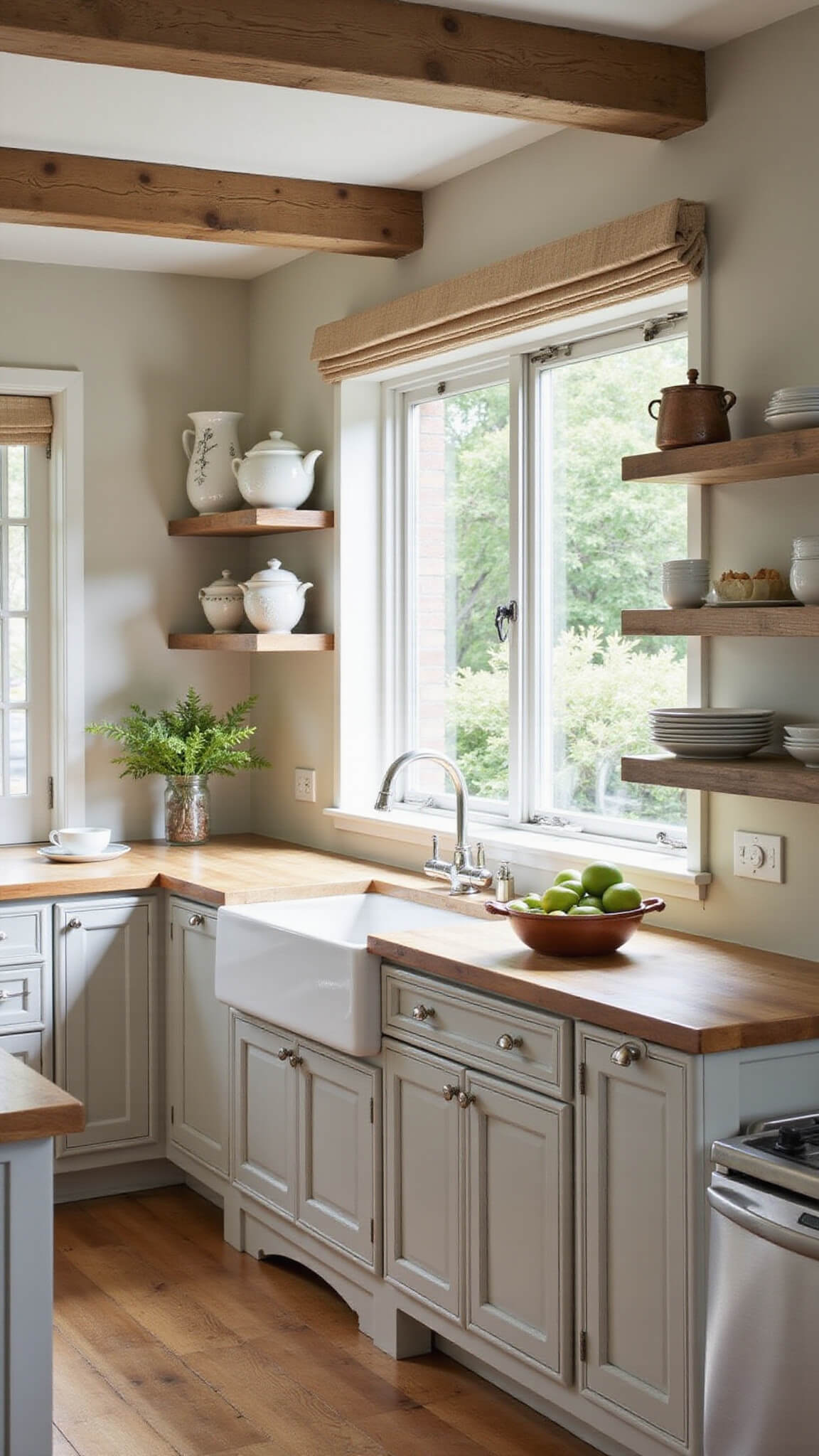 Cozy 10x12ft farmhouse kitchen with greige distressed cabinets, butcher block counters, vintage ironstone on open shelves, exposed wooden beams, and dappled afternoon light through an open Dutch door.