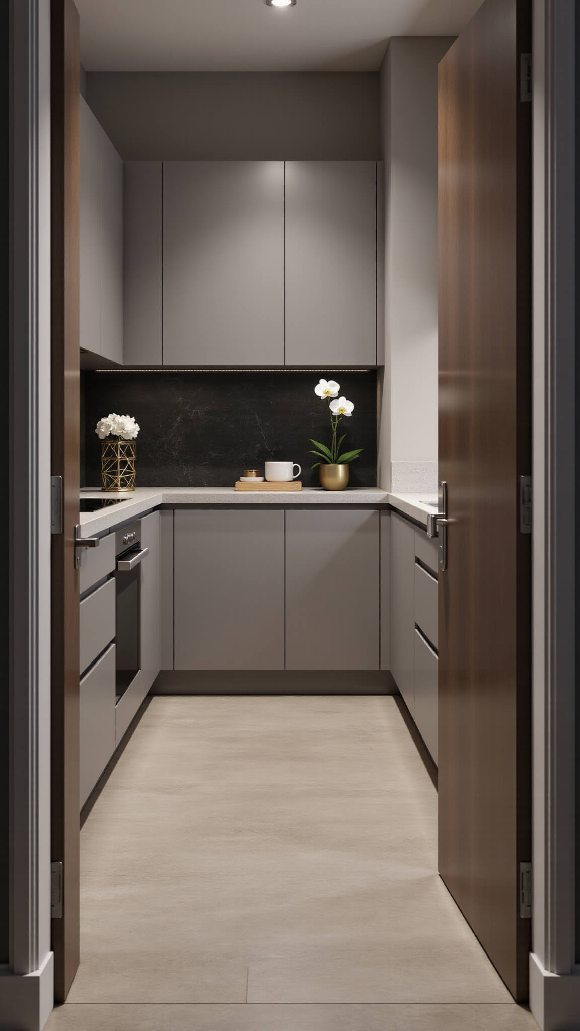 Modern minimalist kitchen with greige floor-to-ceiling cabinets, black stone backsplash, ambient LED lighting, and styled with an orchid and geometric sculptures.