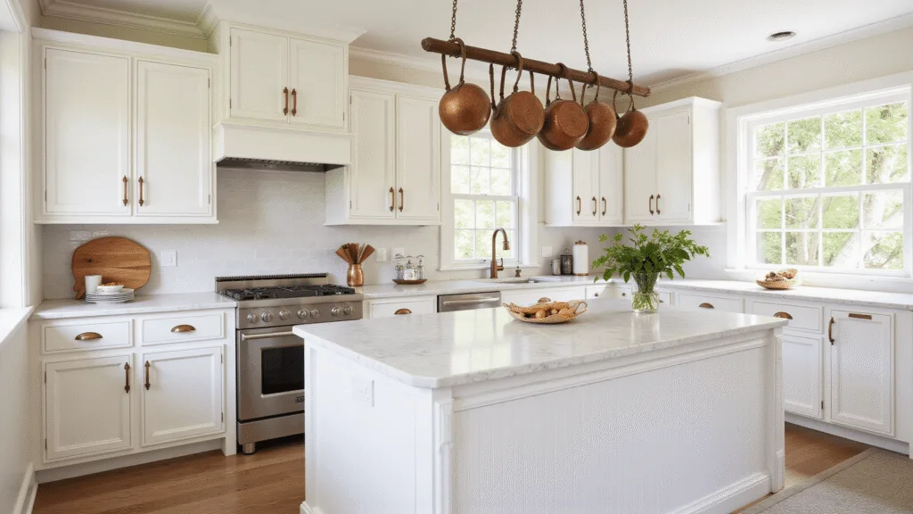 "Sunlit antique white kitchen with brass hardware, marble countertops, vintage copper pots, and organic elements"