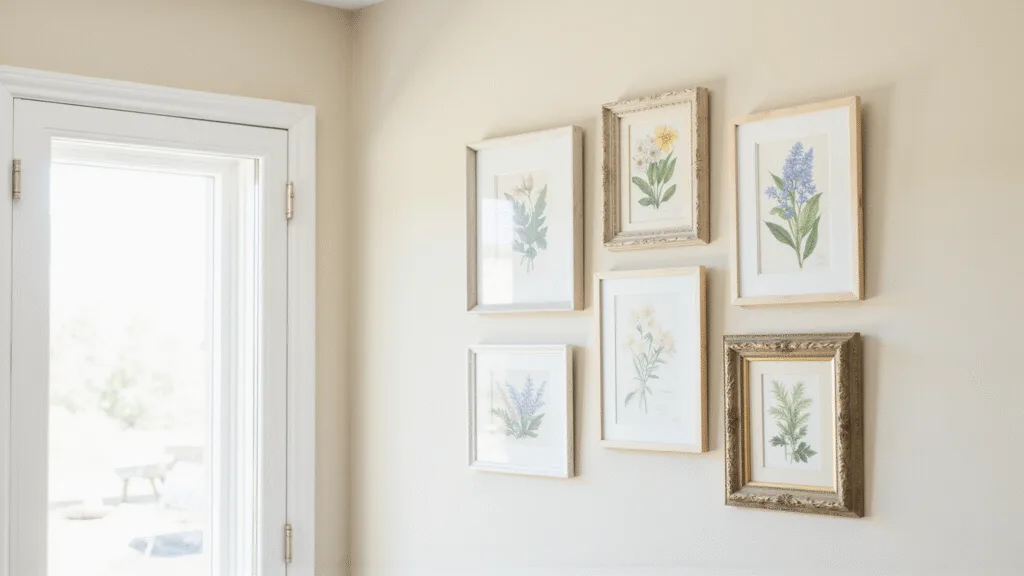 "Cottagecore gallery wall with botanical prints in vintage frames, wildflowers in soft sage, cream, blush tones with golden light creating an ethereal atmosphere"