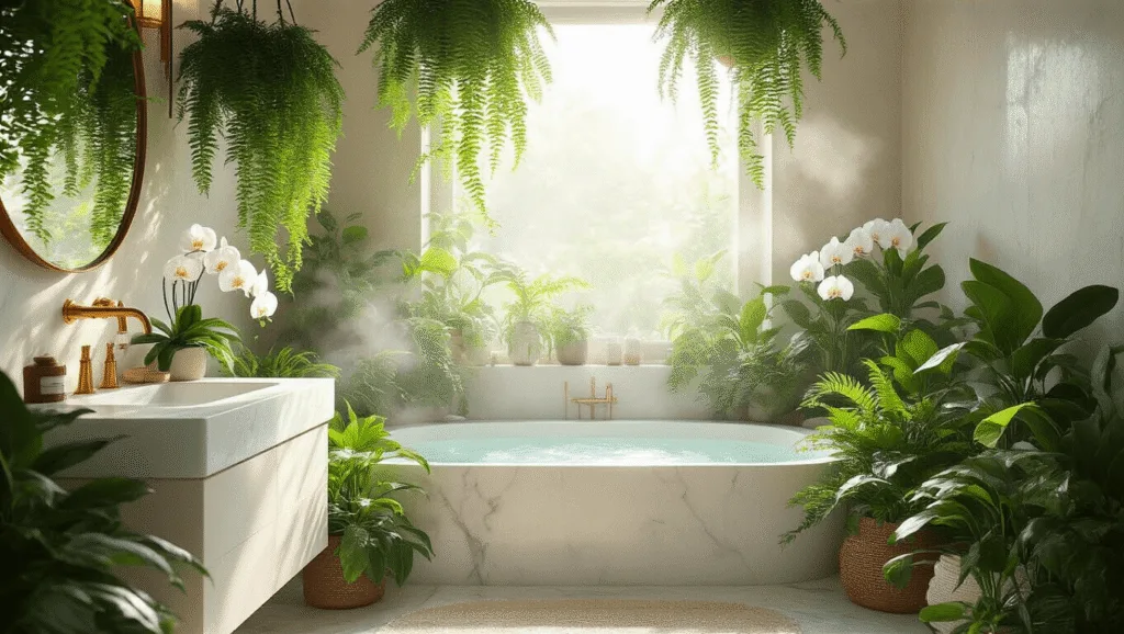 "Luxurious bathroom filled with lush greenery and white orchids, bathed in soft morning light, with steam rising from a modern soaking tub"