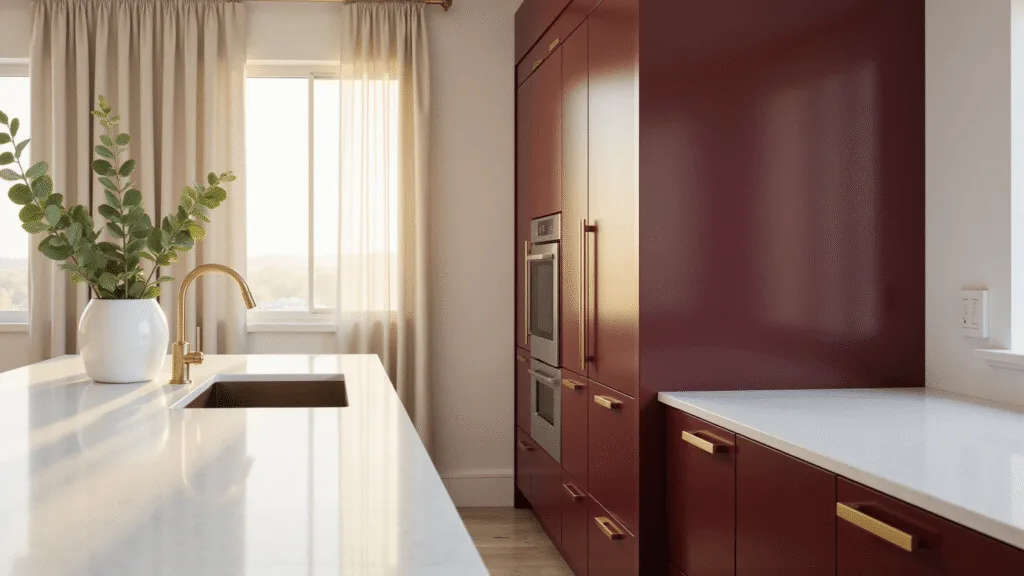 "Modern kitchen with burgundy cabinets, white quartz countertops, and brass hardware in warm golden hour light"