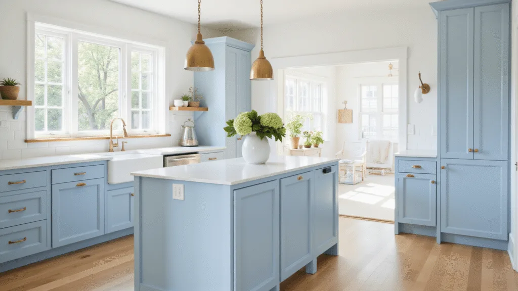 "Light blue kitchen cabinets and brass pendant lights in a bright, coastal-modern interior with white oak flooring and a quartz island"