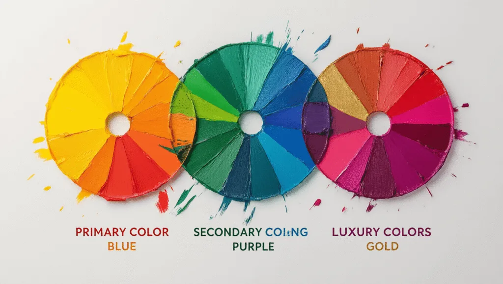 "Artistic color wheel arrangement of primary, secondary, and luxury colors on a white background."