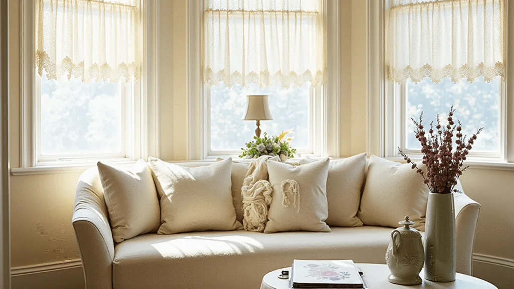 "Cottagecore-themed living room with a cream sofa, vintage decor, soft textures, dried flowers, lace curtains and golden hour lighting on a white background."