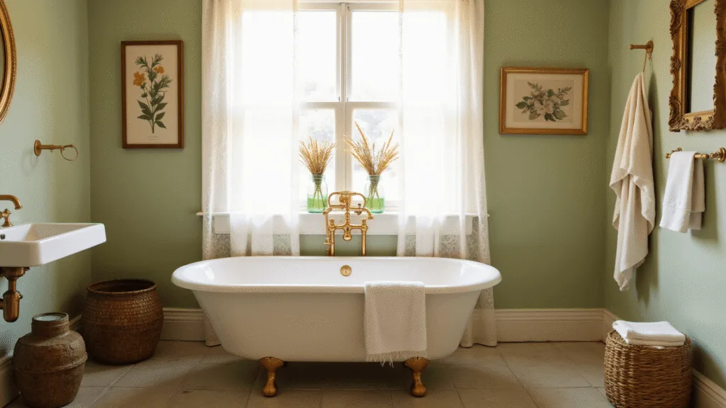 "Cottage bathroom with vintage clawfoot tub, sage green walls, brass fixtures, and wildflowers in jars during golden hour"