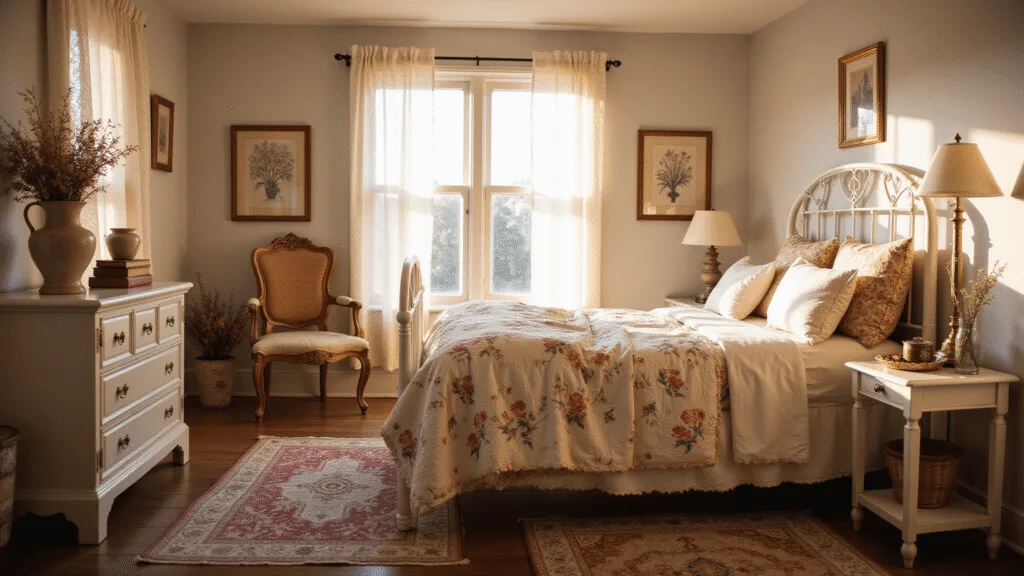 "Cottage bedroom with vintage floral decor, lace curtains, botanical prints, and fairy lights creating a romantic atmosphere"