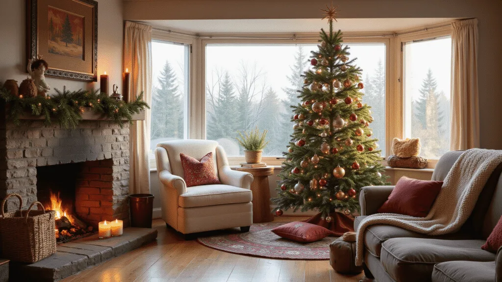 "Cozy cottage living room with Christmas decorations, warm lighting, wooden accents, and a view of snow-dusted evergreens through bay window"