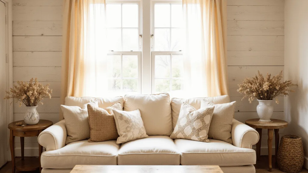 "Cozy farmhouse living room with cream linen sofa, vintage quilts, dried flowers, warm golden light and shiplap walls"