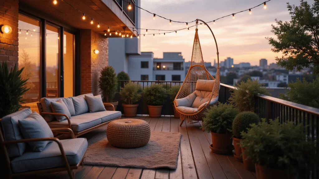 "Cozy urban balcony during sunset with macramé chair, string lights, plants, and cityscape view"