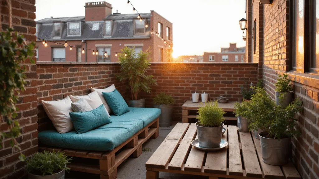 "Cozy urban balcony with pallet seating, string lights, and potted plants in a sunset glow"