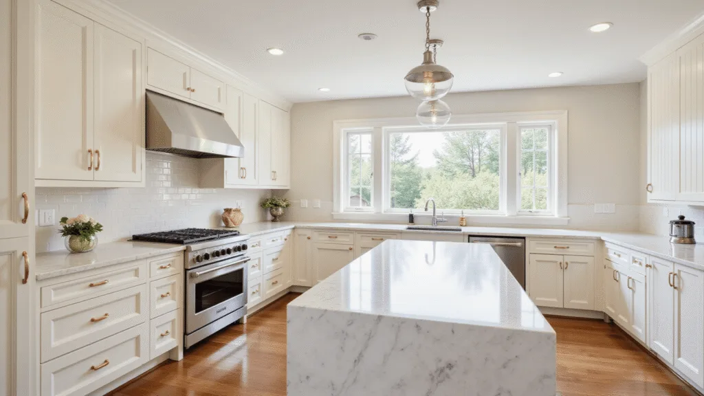 "Elegant modern farmhouse-style cream kitchen cabinets with marble countertops, gold hardware, under soft natural lighting from large windows, on warm wood floors in a clean composition."