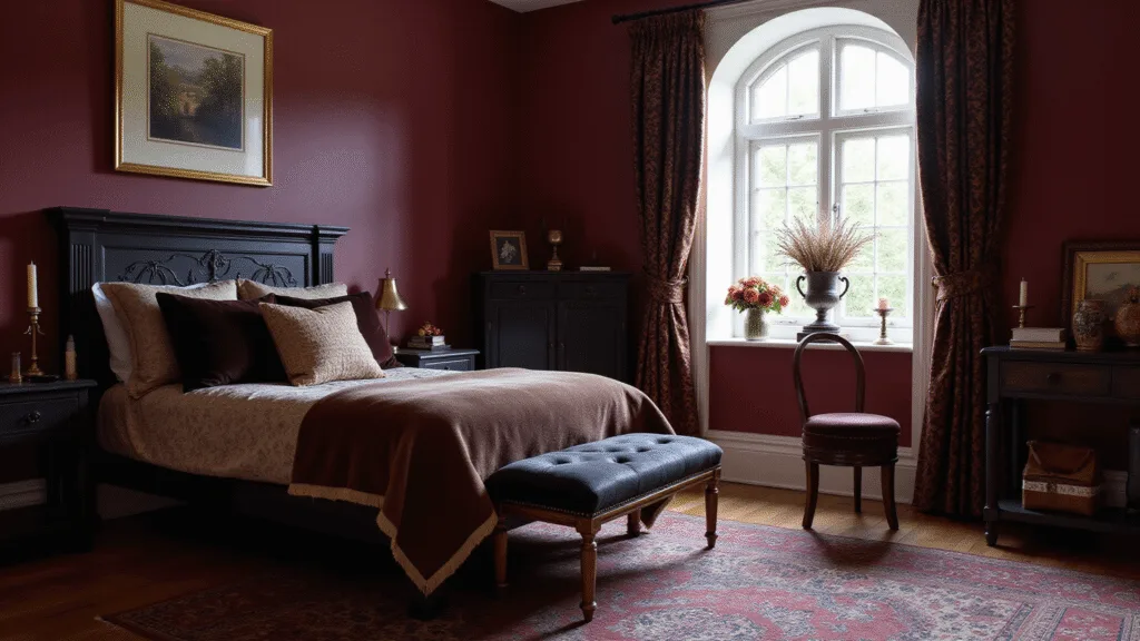 "Moody cottagecore interior with vintage furniture, brass candlesticks, velvet textiles, dried flowers, a gothic arch window and warm golden light reflecting on deep burgundy walls"