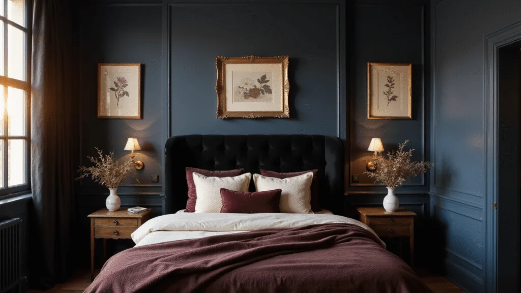 "Moody dark cottagecore bedroom with midnight blue walls, velvet headboard, vintage botanical prints, and golden hour lighting."