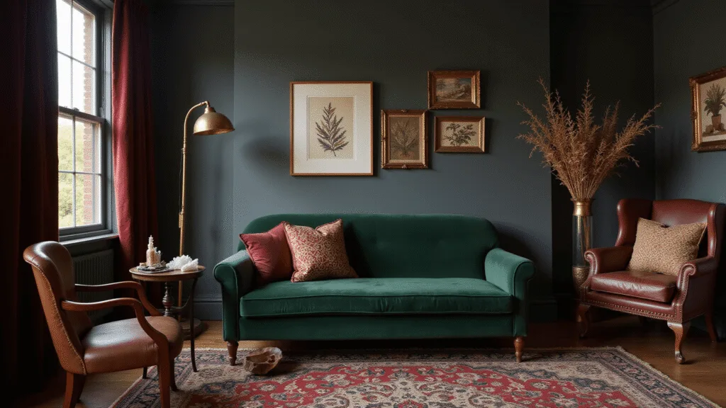 "Dark cottagecore living room with moss green velvet sofa, burgundy curtains, brass accents on a Persian rug, a weathered leather armchair, vintage botanical prints, and dried herbs in warm golden hour lighting."