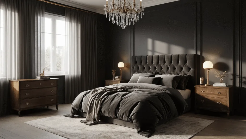"Luxurious dark bedroom with charcoal gray walls, velvet headboard, layered bedding, warm brass accents, and ambient lighting from bedside sconces"