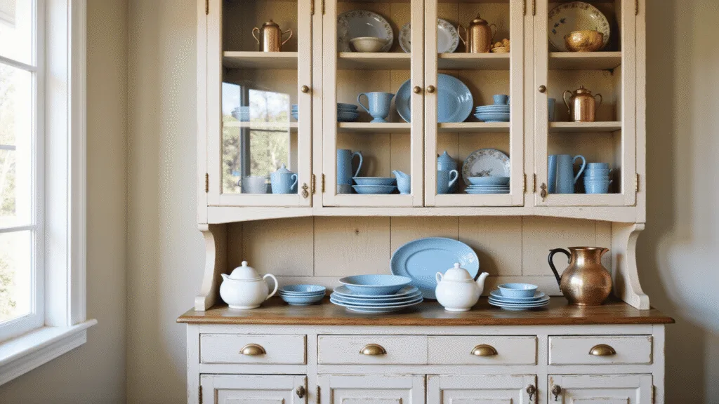 "Cozy farmhouse kitchen with weathered white oak hutch displaying blue china and copper accents under golden hour sunlight"