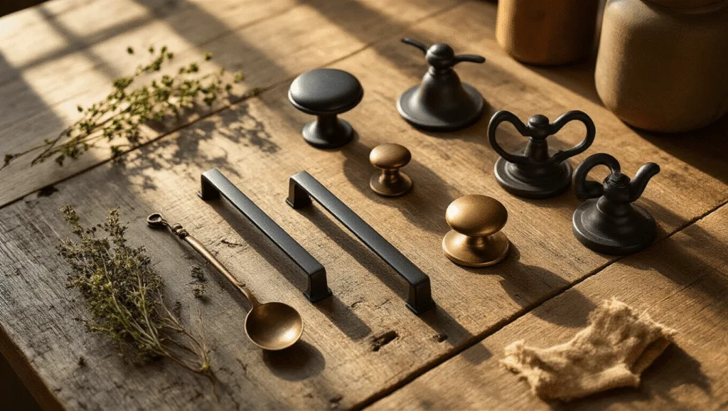 "Rustic farmhouse kitchen hardware including matte black pulls, aged bronze knobs and wrought iron handles displayed on a weathered oak surface under warm natural lighting."