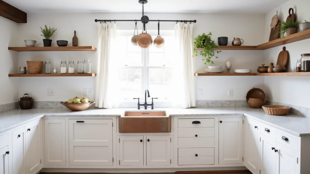 "Farmhouse kitchen with white Shaker cabinets, vintage sink, oak flooring, copper pots, vintage pottery, and fresh herbs under morning sunlight"