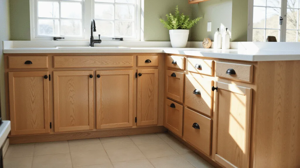 "Honey oak kitchen cabinets with modern black hardware on sage green walls, under natural sunlight"